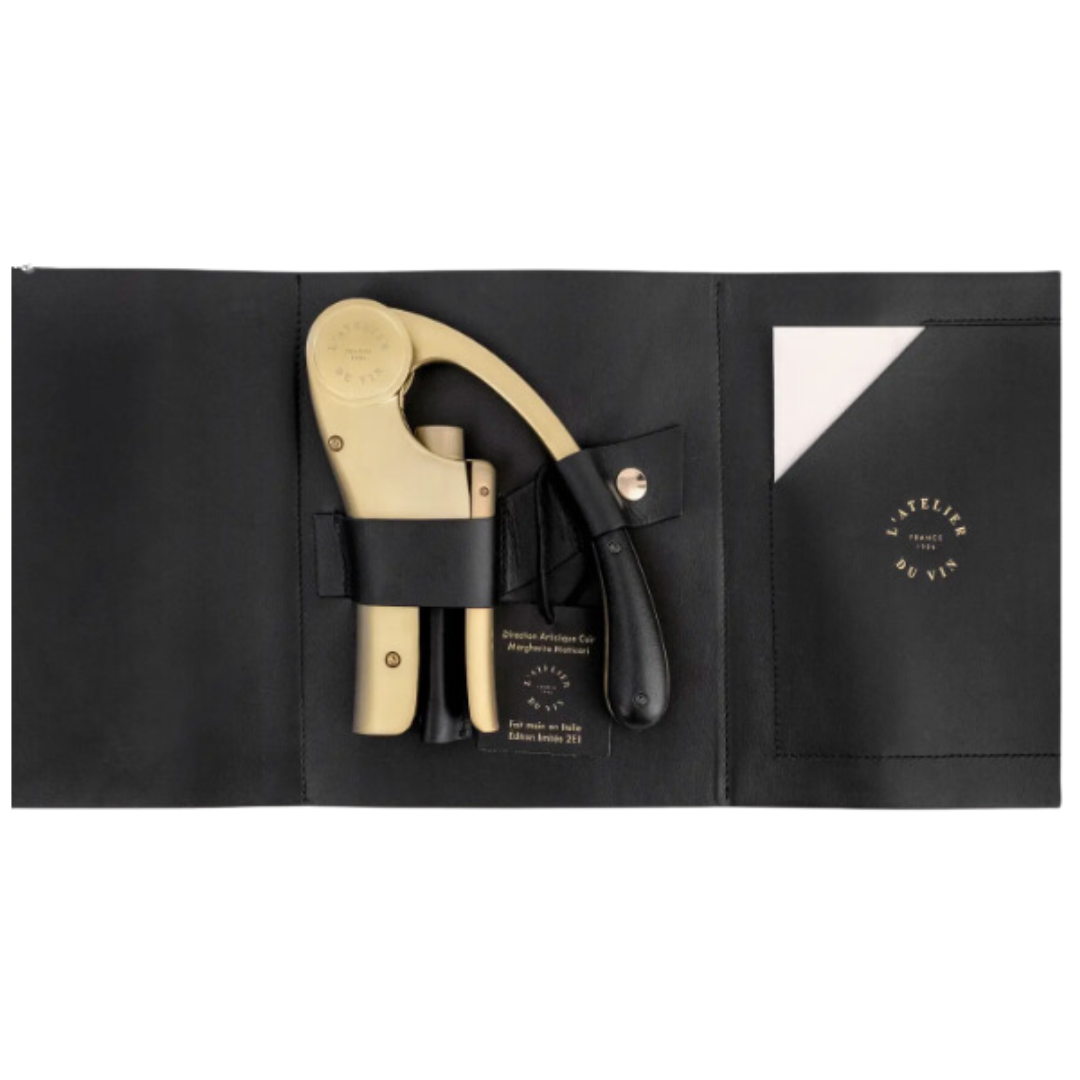 Oeno Motion Gold Nomad Opener: Smoothly opens bottles. Gold lever in a black leather case.