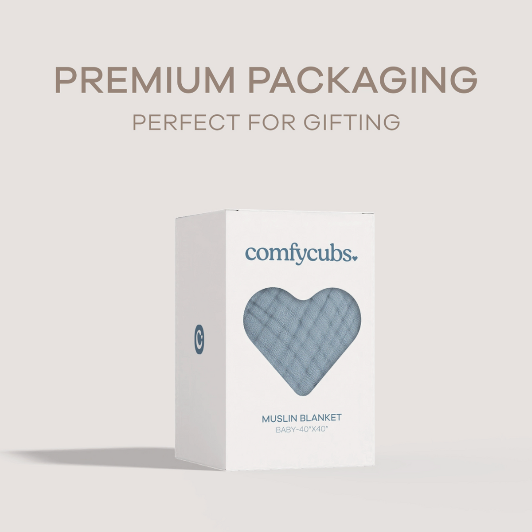 Comfy Cubs pacific blue blanket in a box on a gray background.