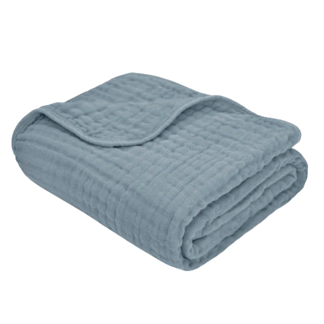 Folded blue baby blanket on a white background.