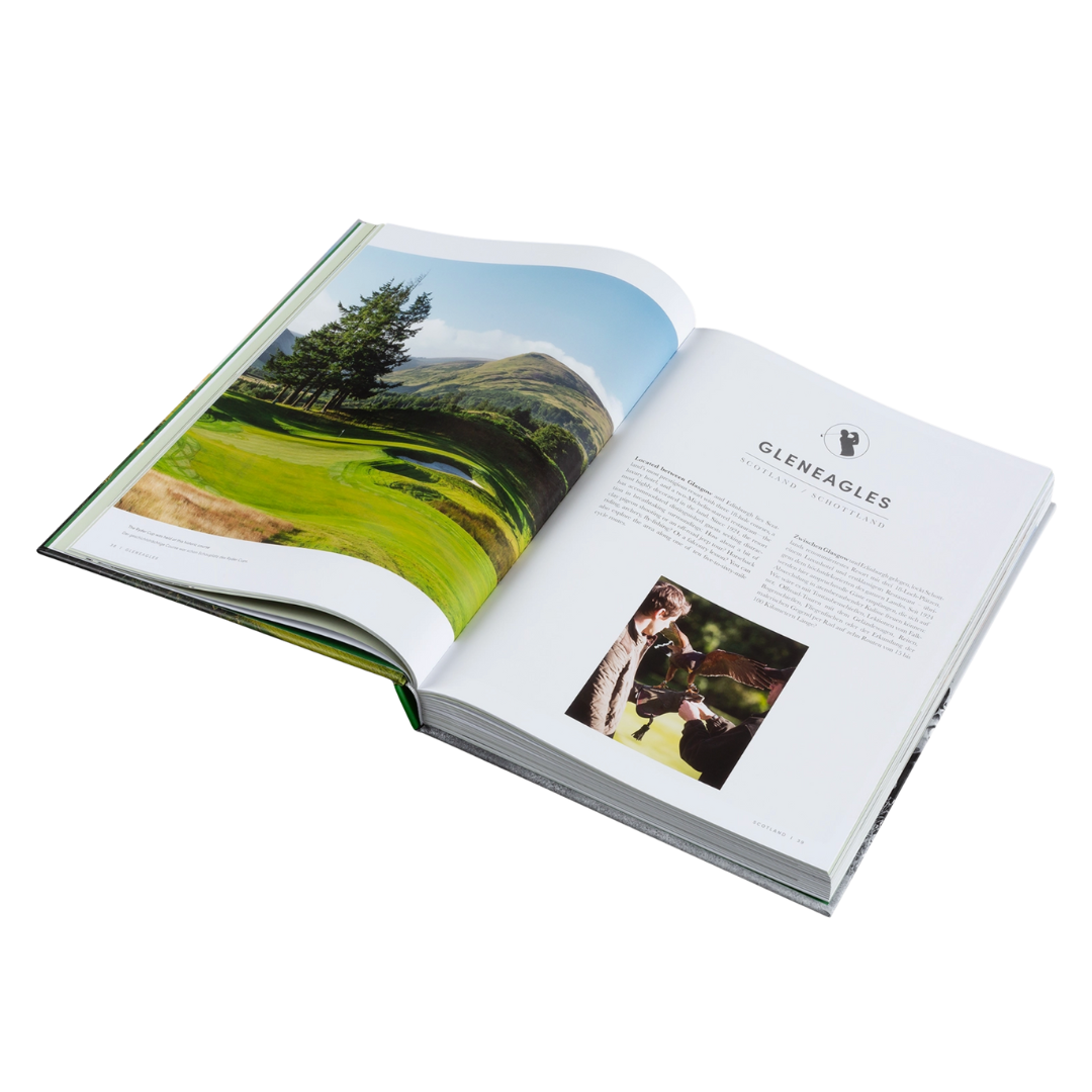Open book showing a scenic landscape and a person with 'Glen Eagles' branding.
