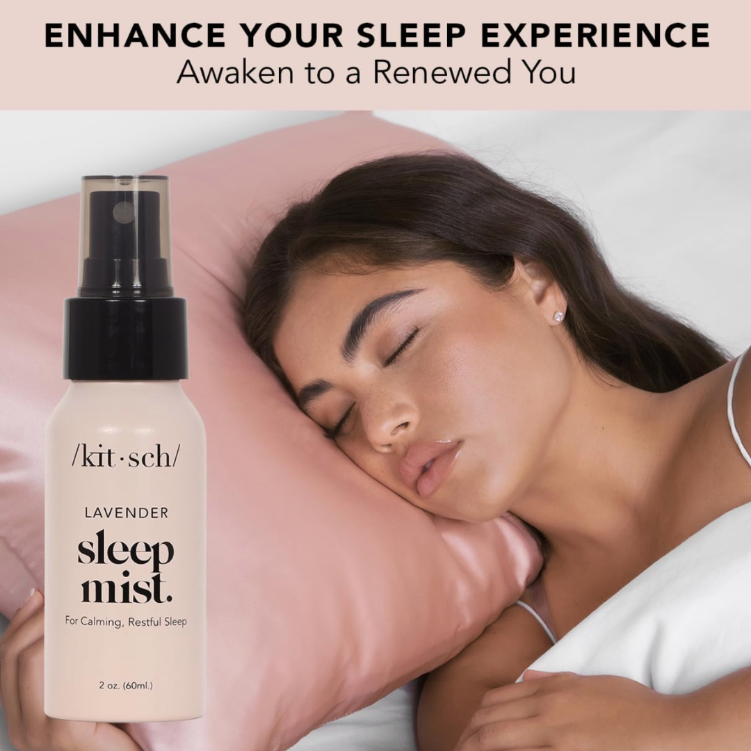 Woman sleeping with a bottle of 'kitsch' lavender sleep mist next to her.