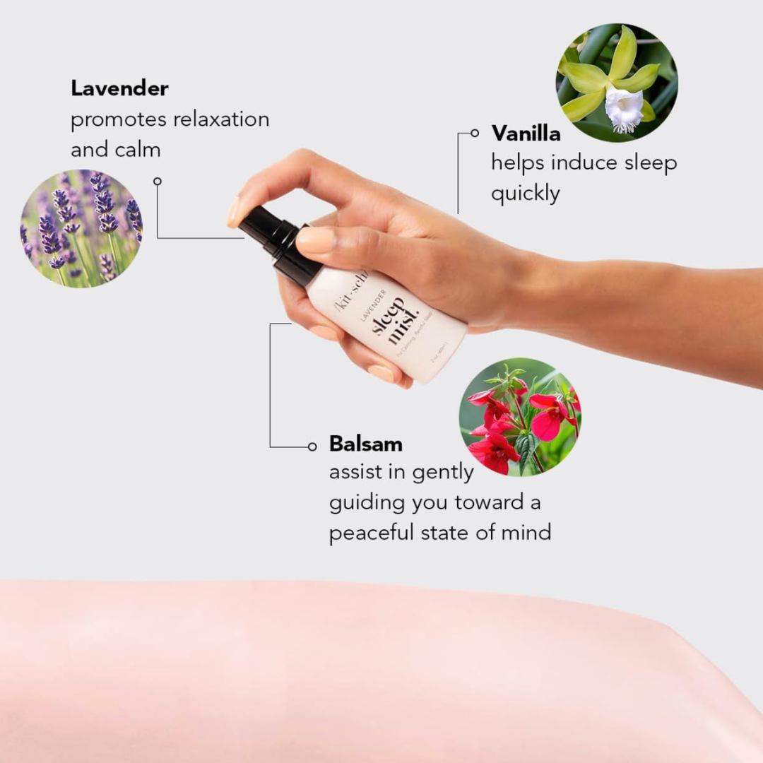 Hand holding a spray bottle with lavender, vanilla, and balm labels and corresponding images on a light gray background.