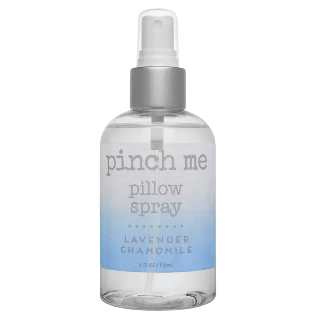 Pinch Me Pillow Spray in lavender chamomile scent, featuring a calming blend of lavender and chamomile essential oils in a sleek, spray bottle.