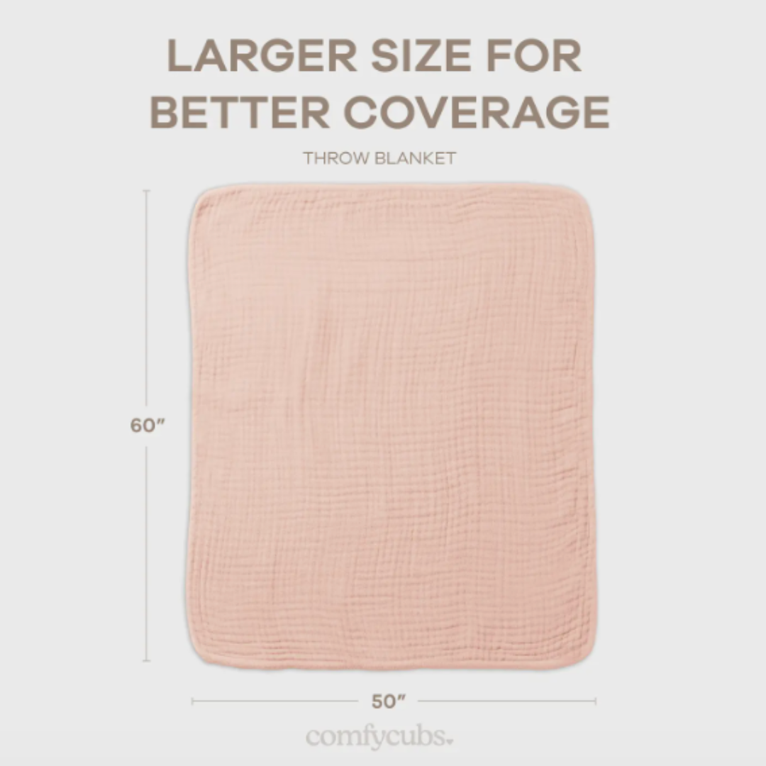 Pink baby blanket with dimensions on a light gray background.