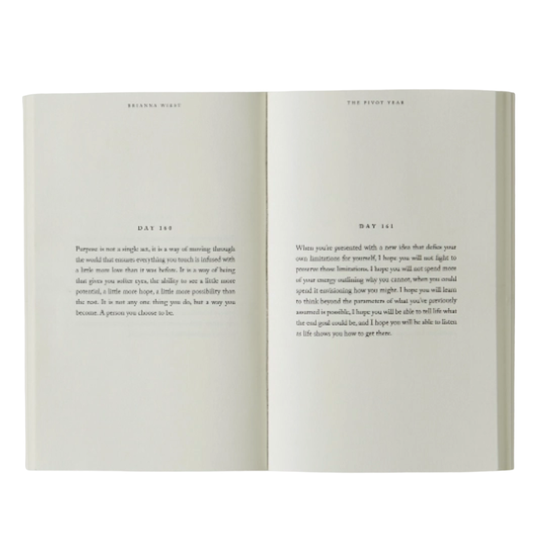 Open pages of the book called Pivot Year showing different passages inside displayed on a white background.
