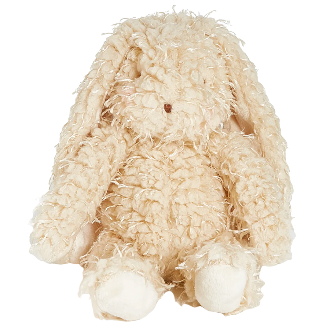 Beige plush bunny toy on a white background.