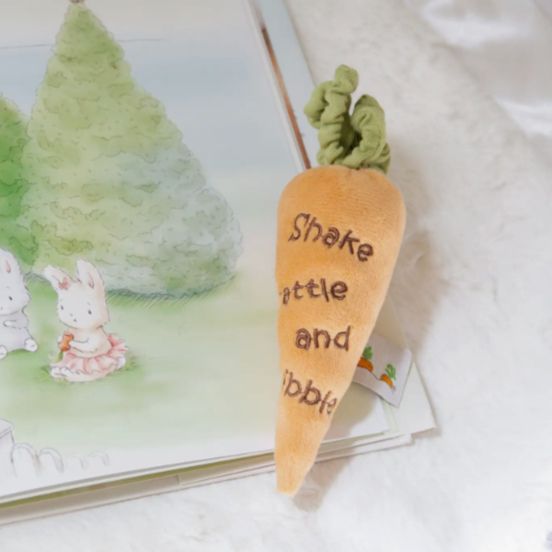 Carrot-shaped orange plush toy with text on a children's book.