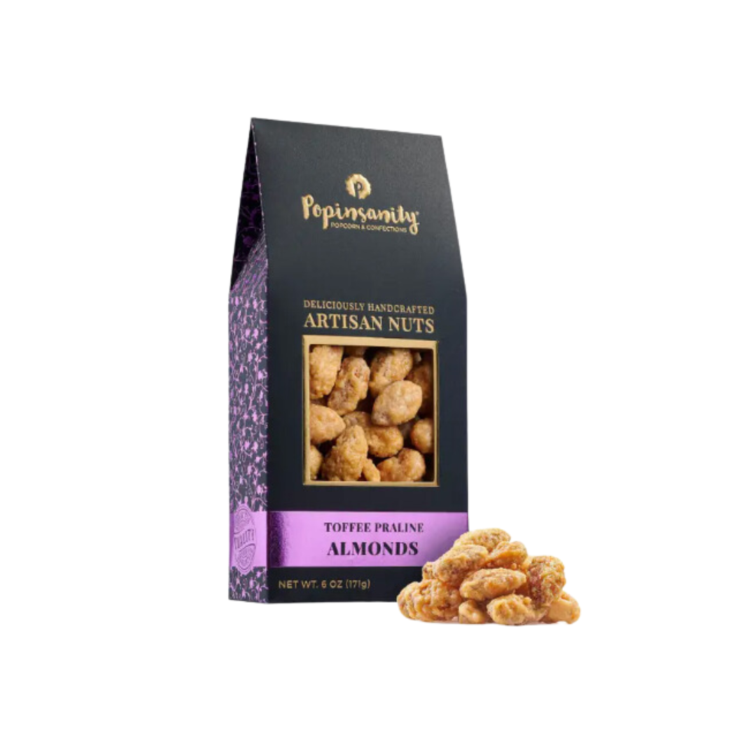 Toffee Praline Roasted Almonds in a black, gold and purple Gourmet Gift Package 6 oz.