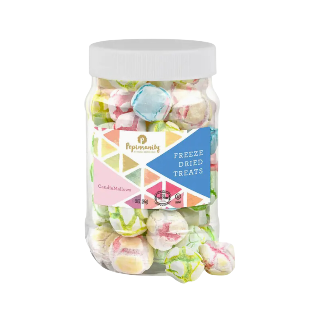 Popinsanity's freeze-dried Candie-Mallows in vibrant pastel colors transform soft marshmallows into crunchy, flavorful treats. Perfect for snacking, sharing, or gifting, these Kosher, non-dairy marshmallows come in a 1.8oz resealable jar, ideal for Easter, Purim, or any occasion.