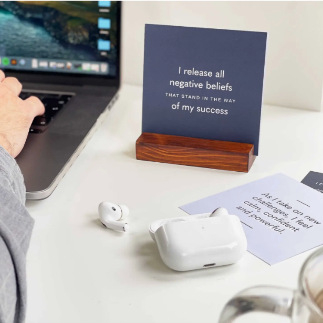 Positive affirmation card pack with wood stand tailored for men and boys, including 10 double-sided cards with inspirational 