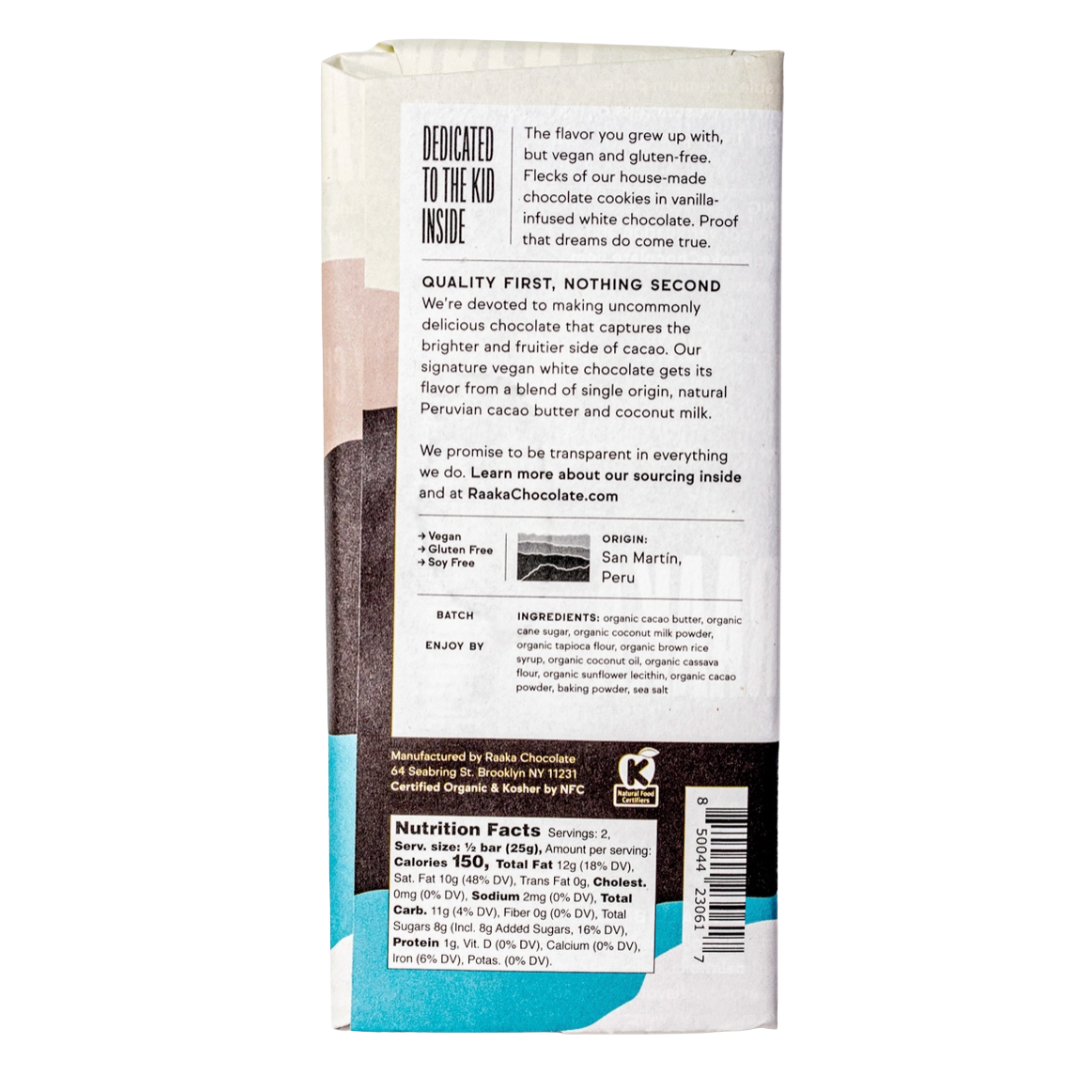 Back of a Raaka Chocolate Cookies and Cream bar packaging with nutritional text and branding.