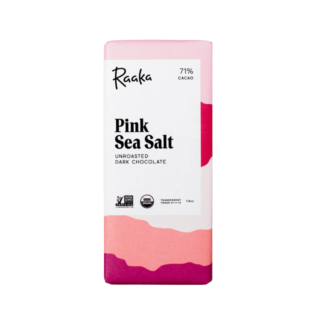 Raaka Pink Sea Salt dark chocolate bar in pink packaging on a white background.