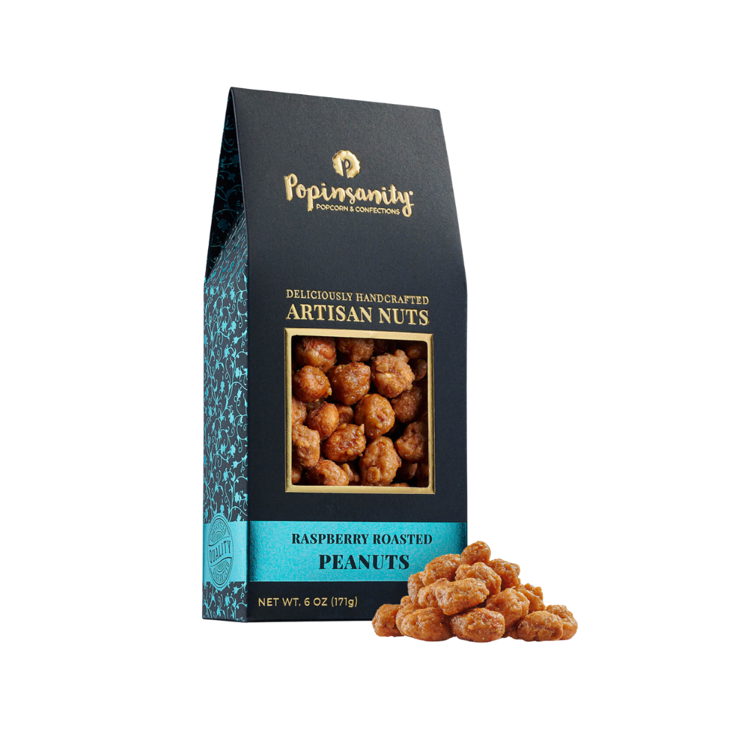 Packaging of Popinsanity raspberry roasted peanuts on a white background.