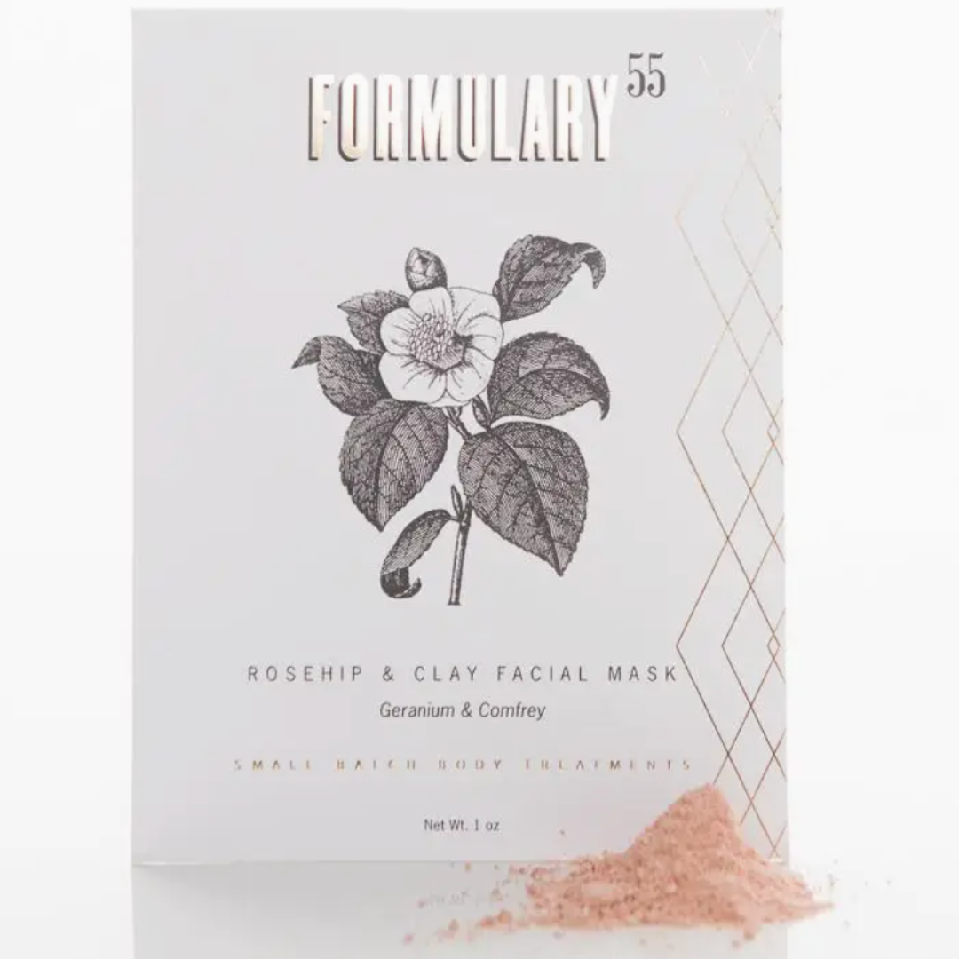 0.75 oz of Formulary 55's Rosehip & Clay Facial Mask, featuring natural rosehip oil and clay. The packaging highlights the mask's benefits for revitalizing skin, promoting a smooth and glowing complexion. Instructions for use include mixing with water to create a paste and applying to the skin for 10-15 minutes.