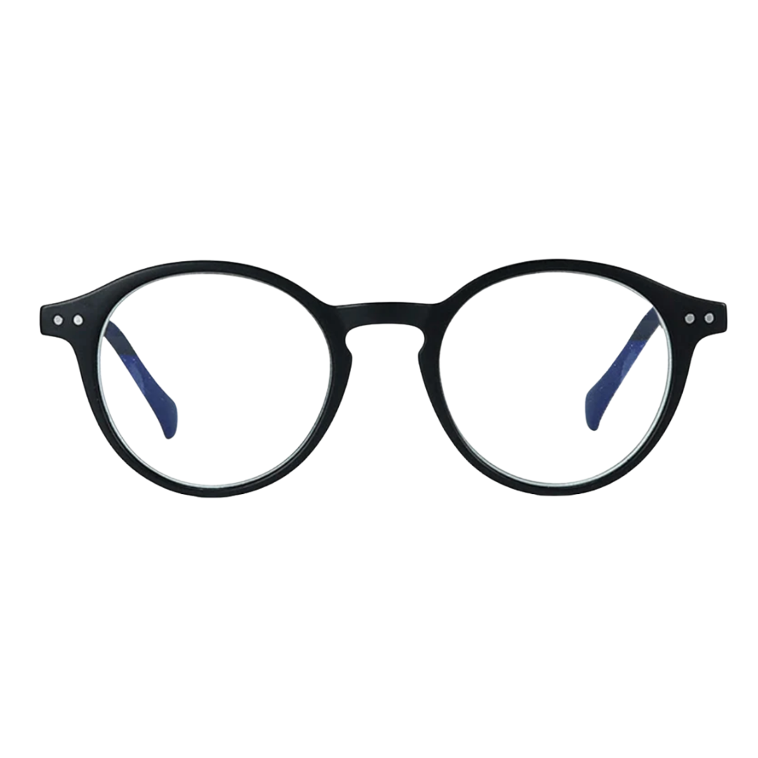 Round black eyeglass frames with clear lenses and blue temple tips, shown against a plain white background.