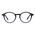 Round black eyeglass frames with clear lenses and blue temple tips, shown against a plain white background.