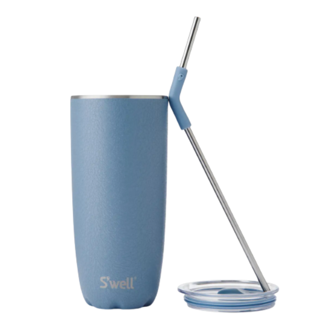 Blue tumbler with straw and lid on a white background.