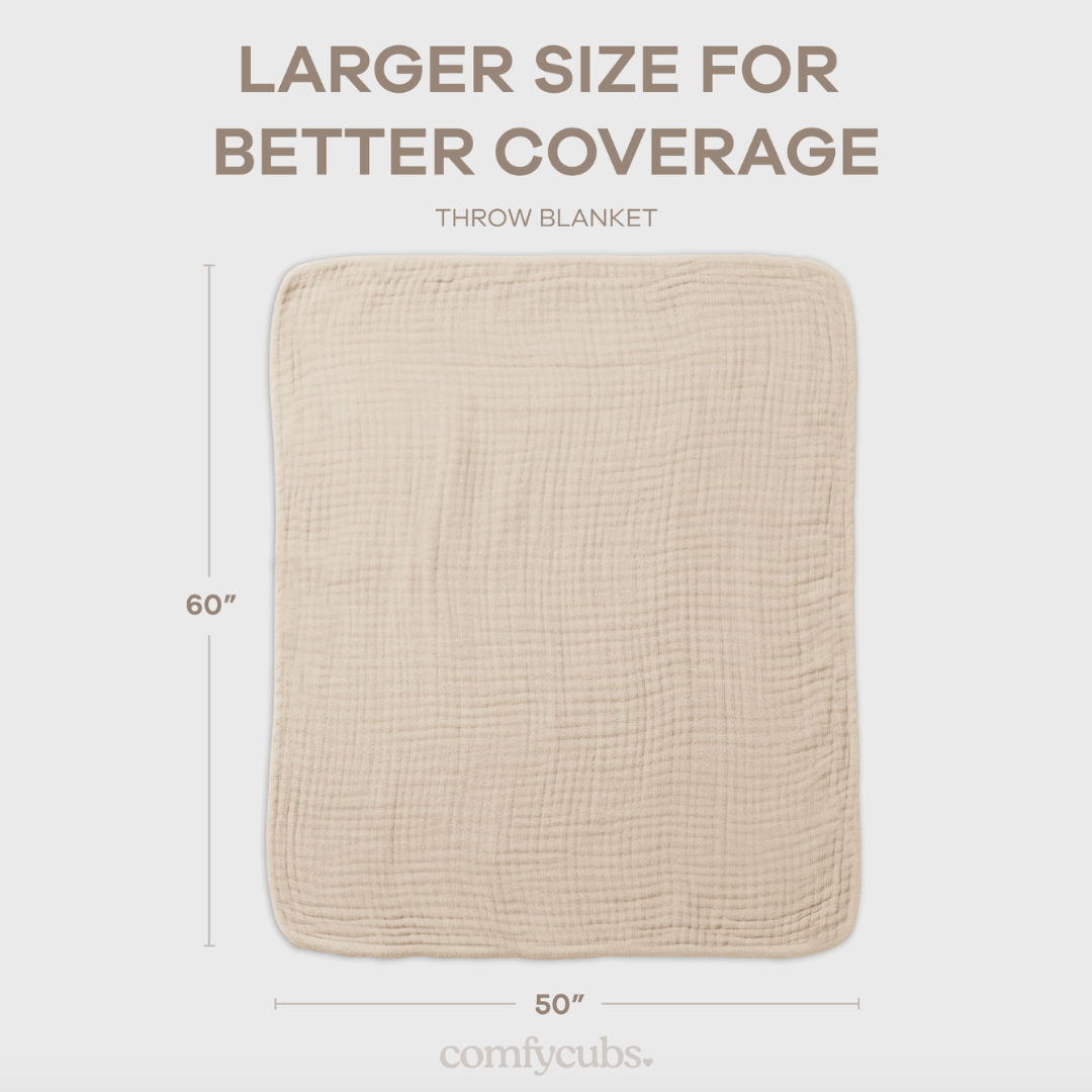 Beige throw blanket with dimensions and 'comfy Cubs' branding on a white background.