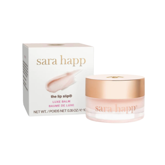 Sara Happ lip balm in a glass jar with white box packaging on a white background.