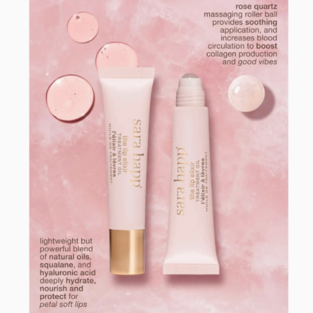 Two skincare products on a pink background with text about their benefits.