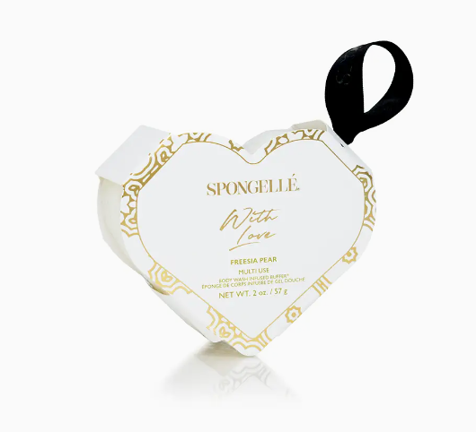 Spongellé White Fresia Pear Heart Shaped Infused Body Buffer - A luxurious, fragrant exfoliating experience for soft, radiant skin.
