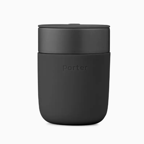 12 ounce charcoal ceramic mug with a charcoal silicone sleeve and sliding lid, showcasing a sleek and modern design by W&P.