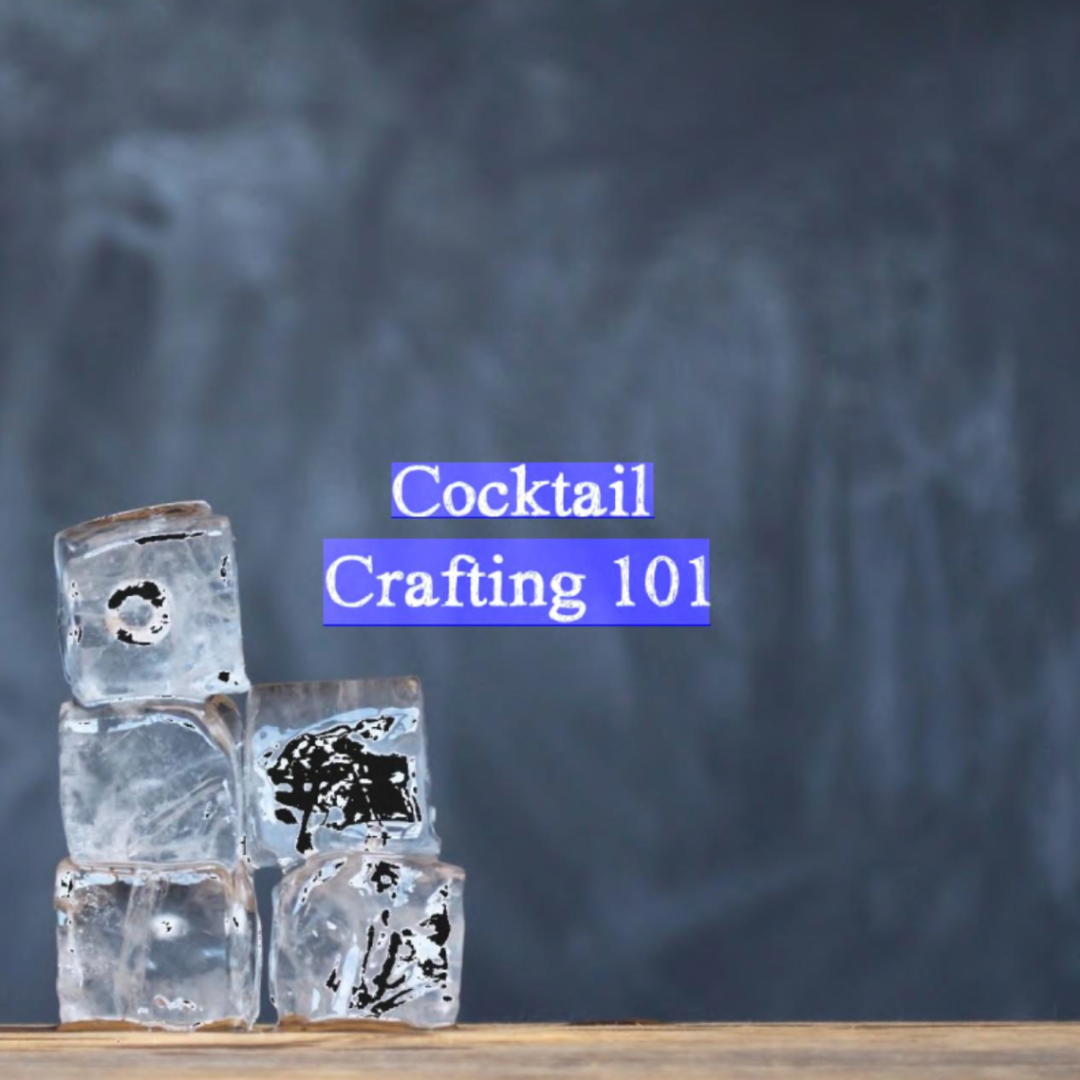 Shake Cocktail Book showing seasonal and straightforward approaches to mixology. Five large square ice cubes are stacked next to the words "Cocktail Crafting 101".