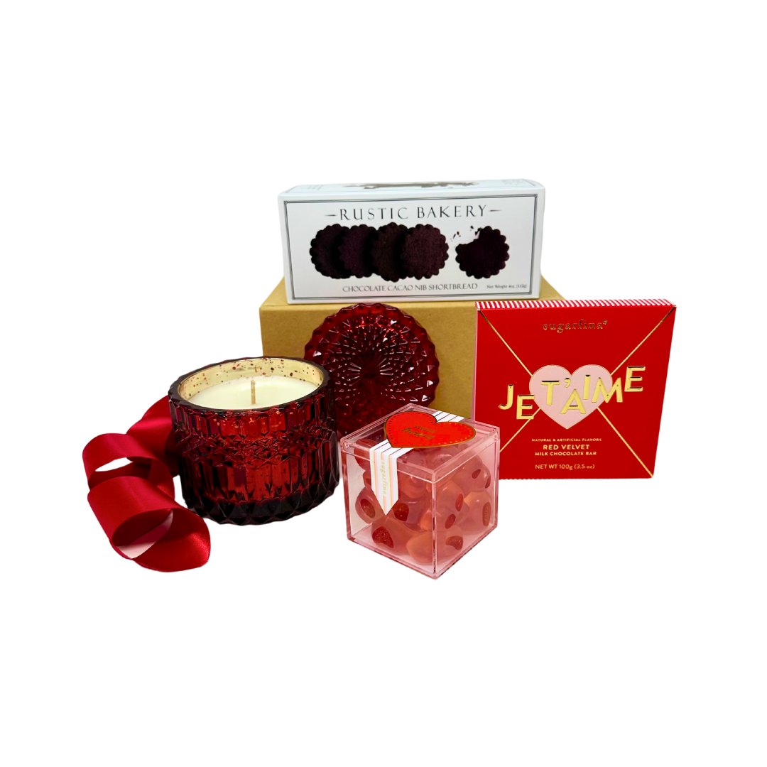 Sending Love curated care package for Valentine's Day with candle, cookies, and chocolate.