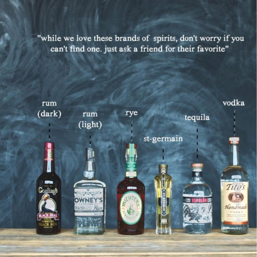 Cocktail recipe book designed to inspire fun and social drink-making. Six different bottles of alcohol are featured on a wooden table as suggestions to stock your bar with.