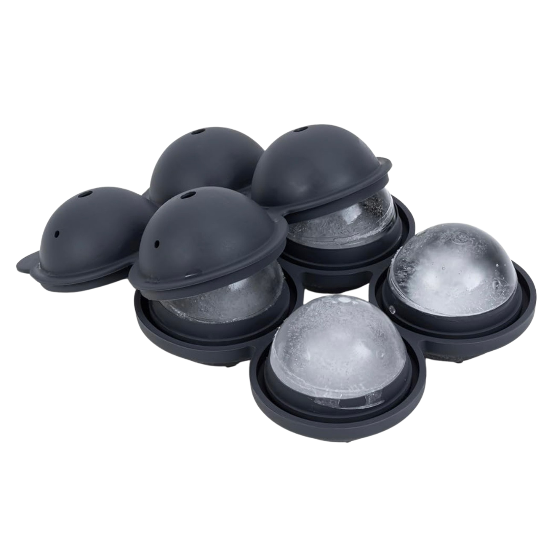 Black silicone ice mold that makes large sphere ice for use in craft cocktails.