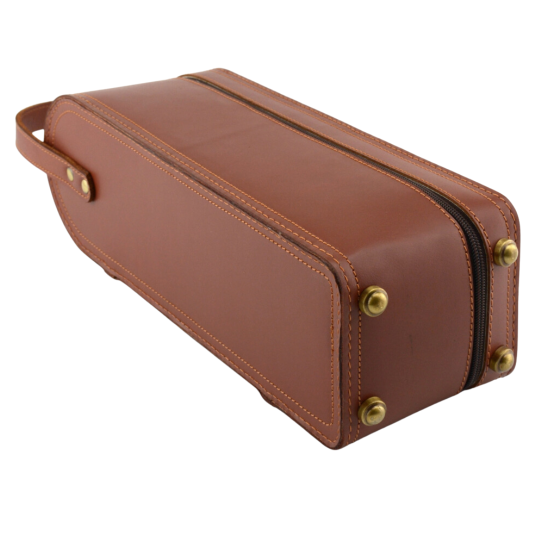 Stylish brown leather wine bottle case with a zipper and a handle, designed for single bottle transport. The case is elegant and compact, with visible stitching and a smooth leather finish.