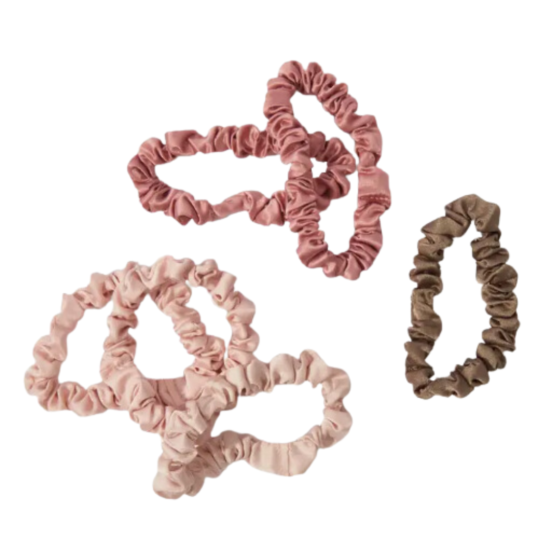 A set of six OEKO-TEX® certified satin scrunchies in soft neutral tones, designed to prevent hair breakage and creasing while providing a stylish touch to any hairstyle.