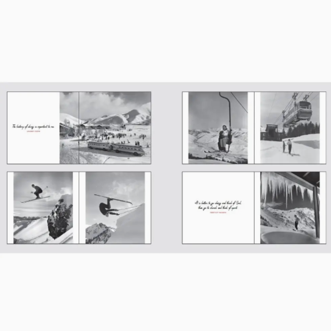 Sophisticated hardcover book featuring a series of black-and-white photographs of vintage skiing, perfect for adding a touch of historical flair to your decor.