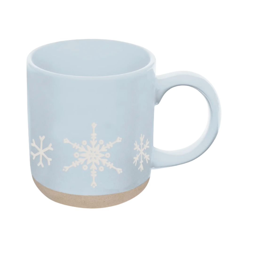 Light blue mug with white snowflake patterns on a white background.