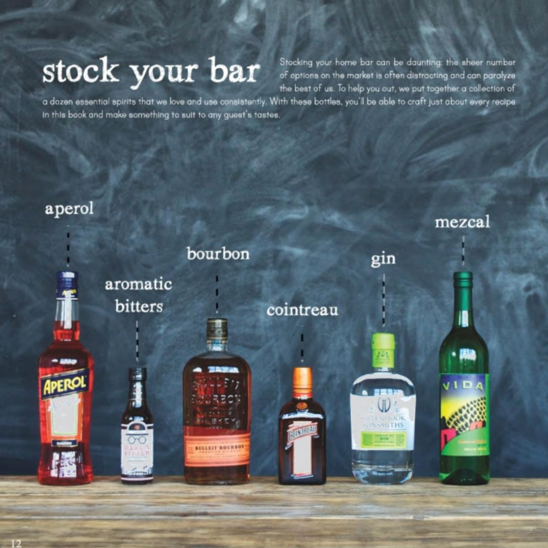 Entertaining guide with 168 pages of easy and delicious cocktail ideas. Six different bottles of alcohol are featured on a wooden table as suggestions to stock your bar with.