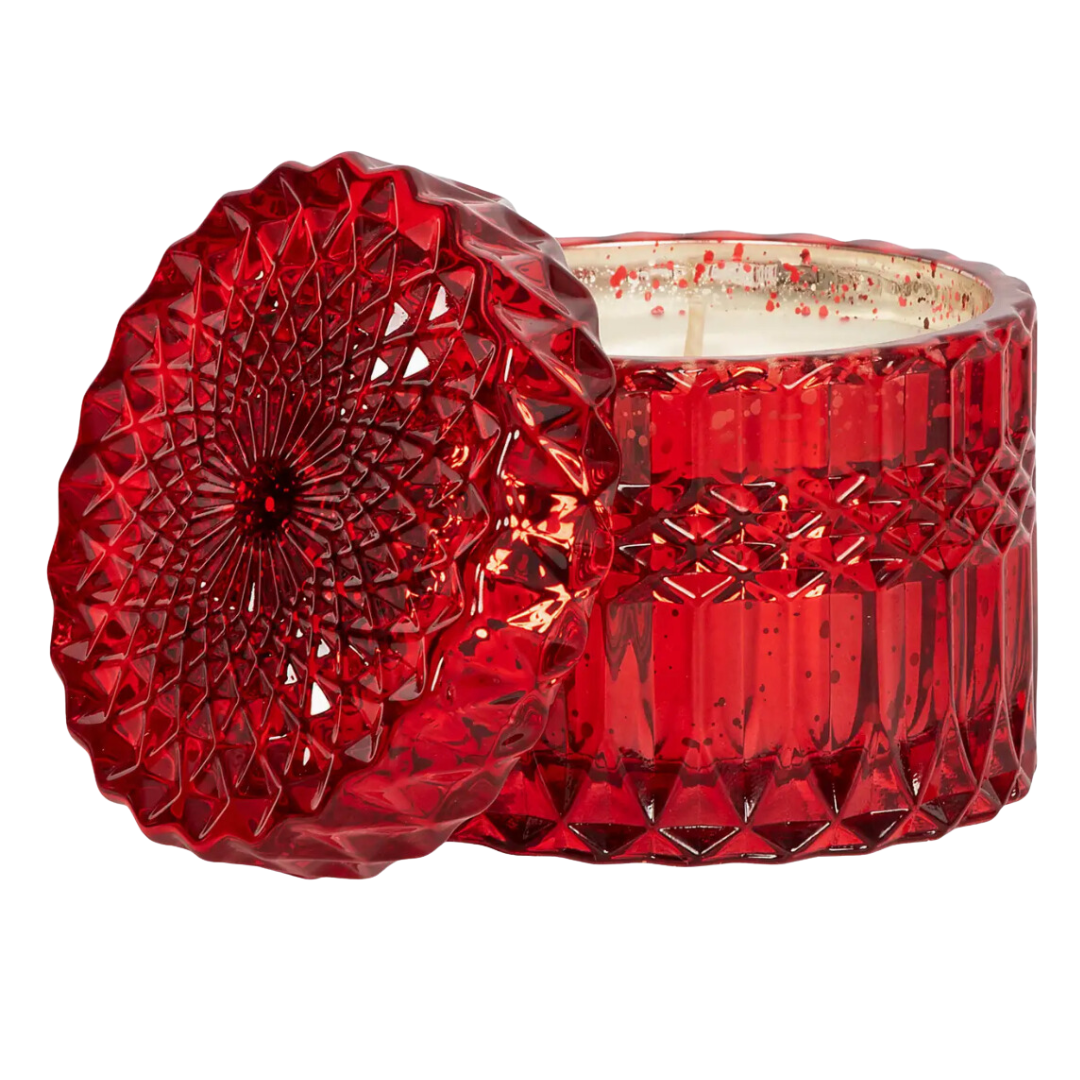 Aqua de Soi holiday spice candle in red cut glass with matching lid. Forty hours of burn time and made with soy wax.