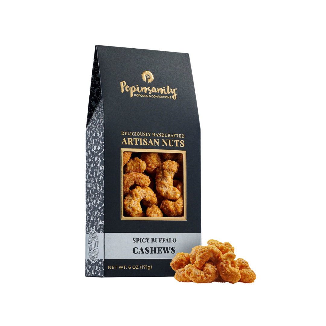 Popinsanity spicy buffalo cashews packaging with cashews displayed in front.