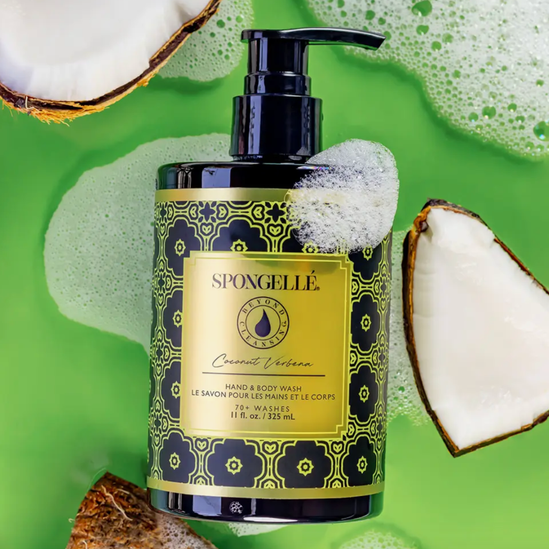 Spongellé’s Coconut Verbena Hand & Body Wash in a beautifully designed black and gold bottle, offering 70+ pumps of rich, creamy lather. Infused with tropical coconut, floral jasmine, and zesty lemon, this body wash delivers a spa-like experience with skin-nourishing ingredients.