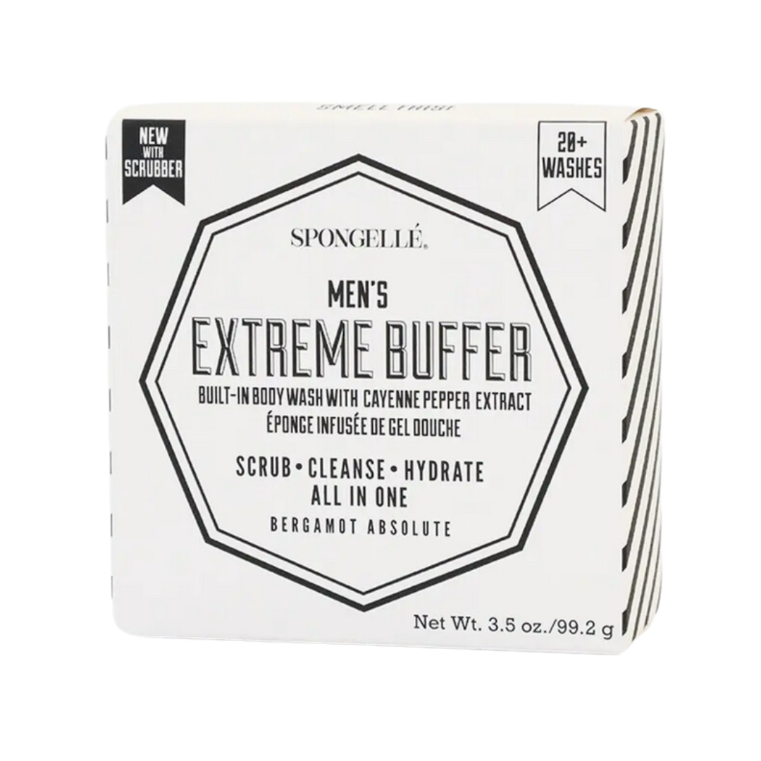 Men’s Body Buffer featuring dual-sided black scrubber and a seductive Bergamot Absolute scent with hints of orange, cedarwood, and amber. Enriched with cayenne pepper extract for deep exfoliation and hydration.