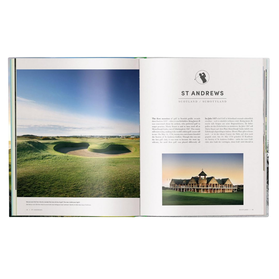 Open book showing a golf course and clubhouse with 'St Andrews' text.