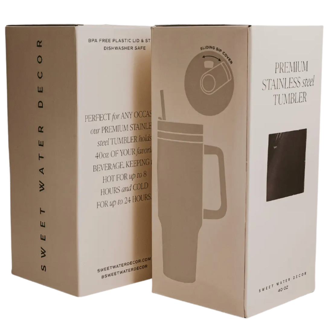 Box packaging of a premium stainless steel tumbler by Sweet Water Decor.