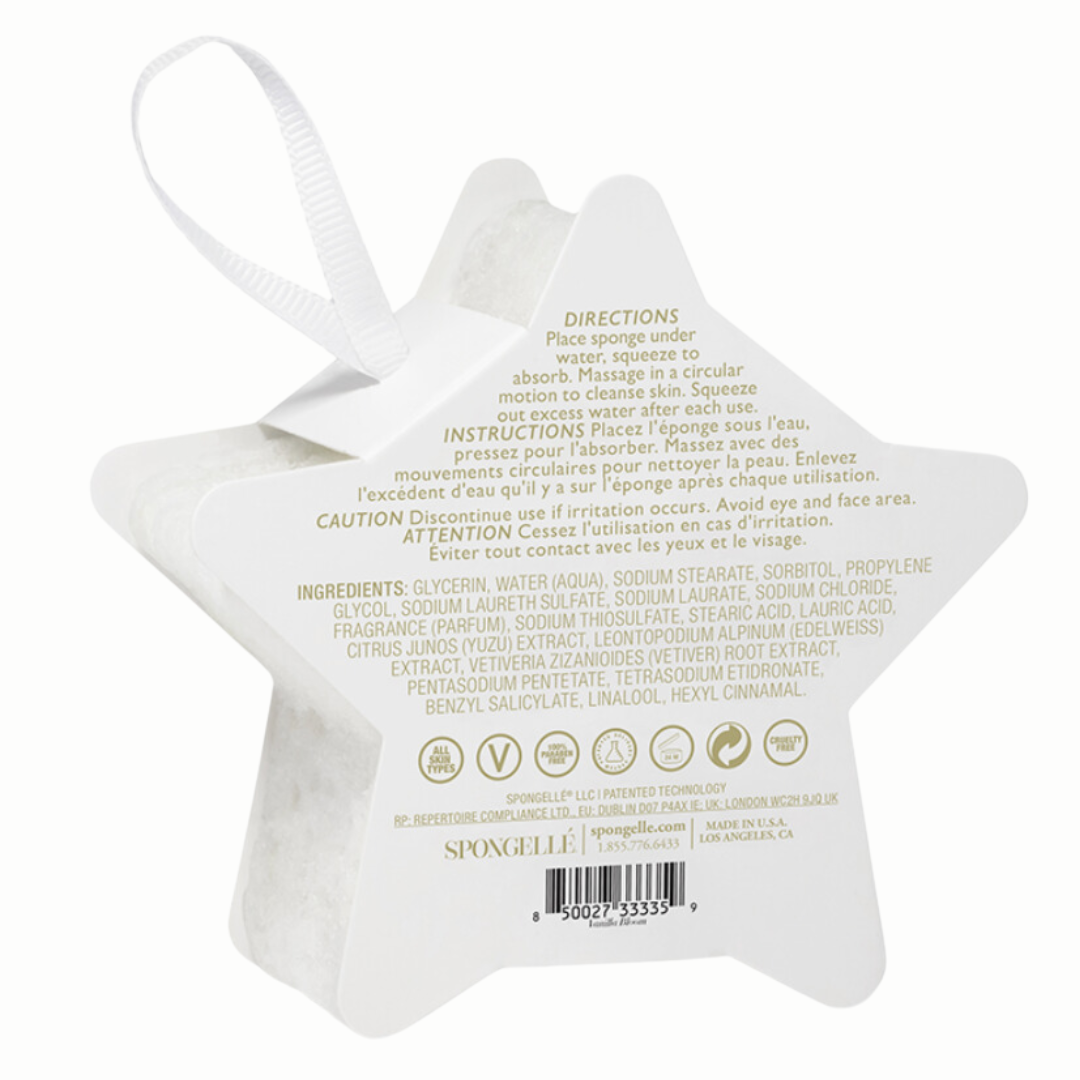 Festive Star-Shaped Body Wash Buffers with Vanilla Bloom Scent
Holiday-themed star-shaped body wash buffers from Spongellé, infused with Vanilla Bloom fragrance notes. The image showcases the buffers as decorative ornaments that provide a luxurious skincare experience, including cleansing, exfoliating, massaging, and nourishing the skin. Each buffer is effective for 5+ washes and features a blend of sweet and citrusy notes with a touch of holiday warmth.