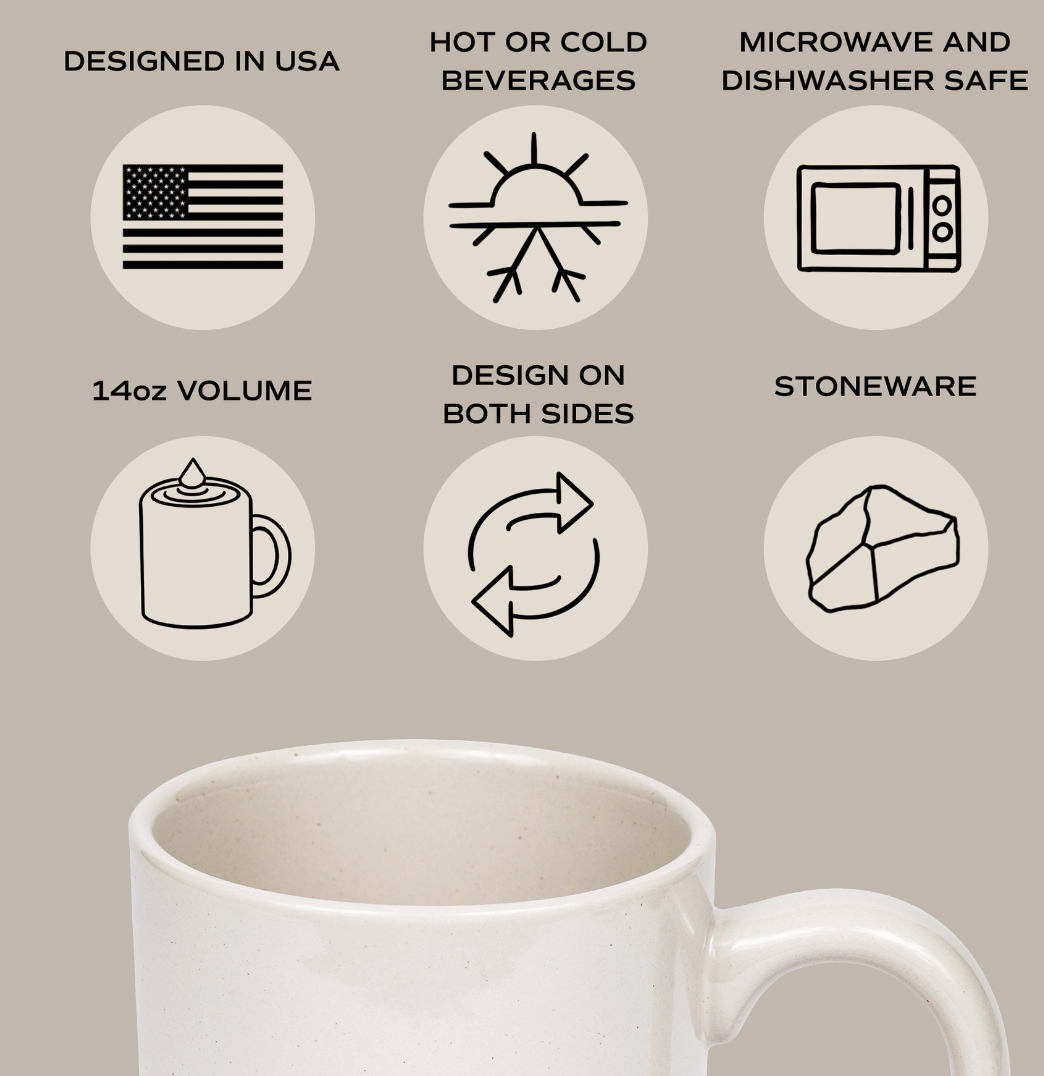 Black and beige list of features of the 14oz stoneware mug. Designed in USA, hot or cold beverarge, microwave and dishwasher safe, and the design on both sides are the features highlighted.