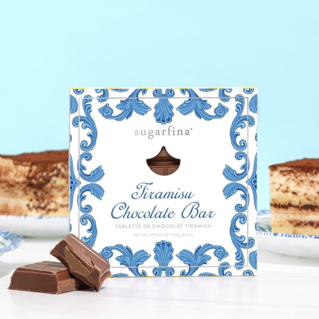 Sugarfina tiramisu chocolate bar with layers of creamy milk chocolate, coffee-flavored filling, and a rich, decadent swirl of tiramisu essence.