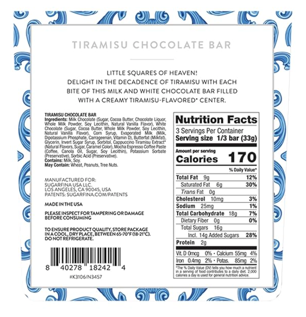 Nutritional Information for a Gourmet Milk Chocolate Bar by Sugarfina: A beautifully wrapped chocolate bar showcasing the creamy essence of tiramisu, crafted for those who appreciate fine confections.