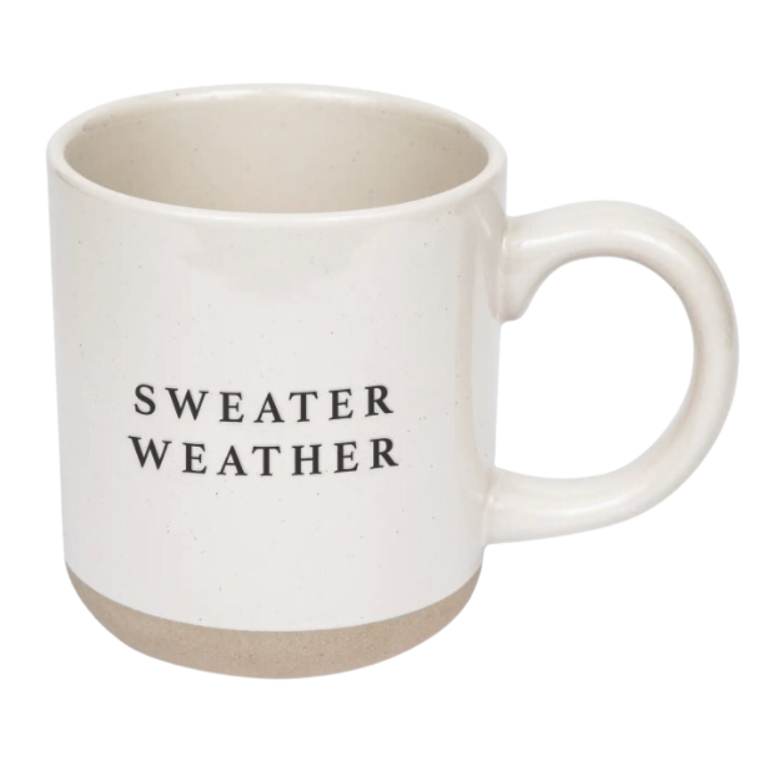 Charming Seasonal Mug: The 'Sweater Weather' Stoneware Mug holds 14 ounces and features a delightful inscription, combining durability and a cozy design, making it perfect for enjoying hot beverages during chilly days.