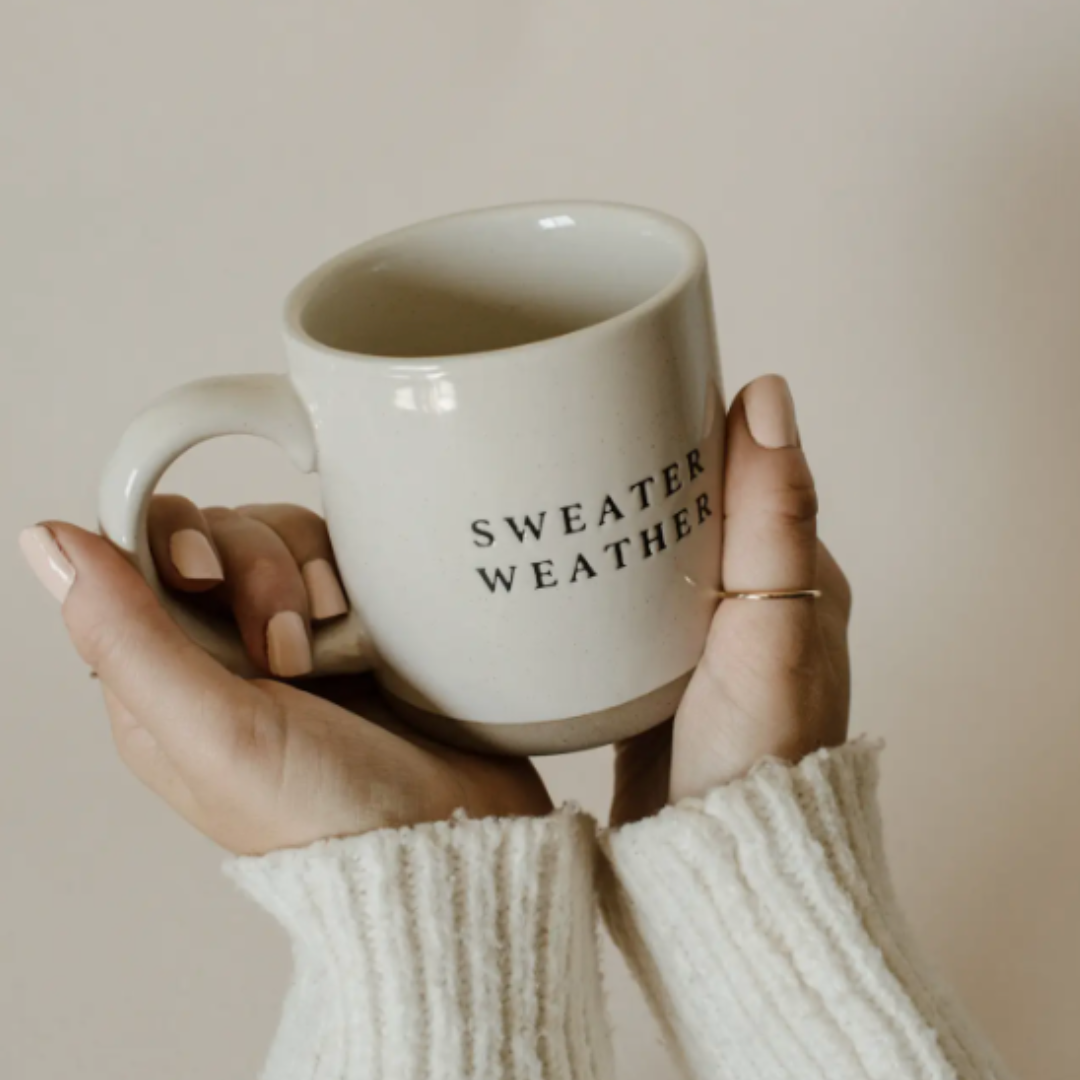 Perfect for Gifting: The 'Sweater Weather' Stoneware Mug is a charming accessory for home or office, designed with a sturdy handle and chic lettering, making it an ideal gift for loved ones who enjoy cozy drinks.