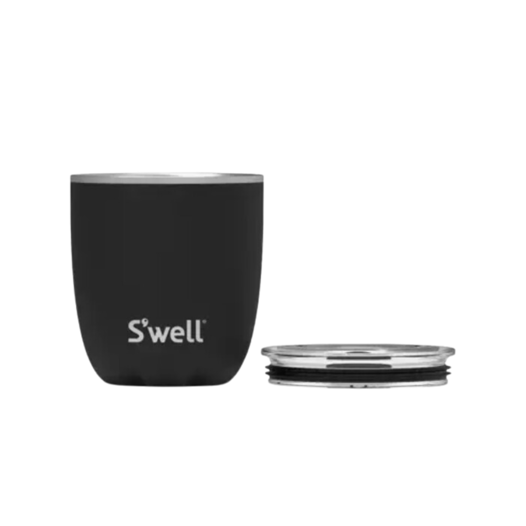 S'well onyx 10oz insulated tumbler with a slide-open lid, featuring Therma-S'well® Technology for superior temperature retention. Keeps drinks cold for 12 hours and hot for 4 hours. Ideal for juice, wine, cocktails, and more.