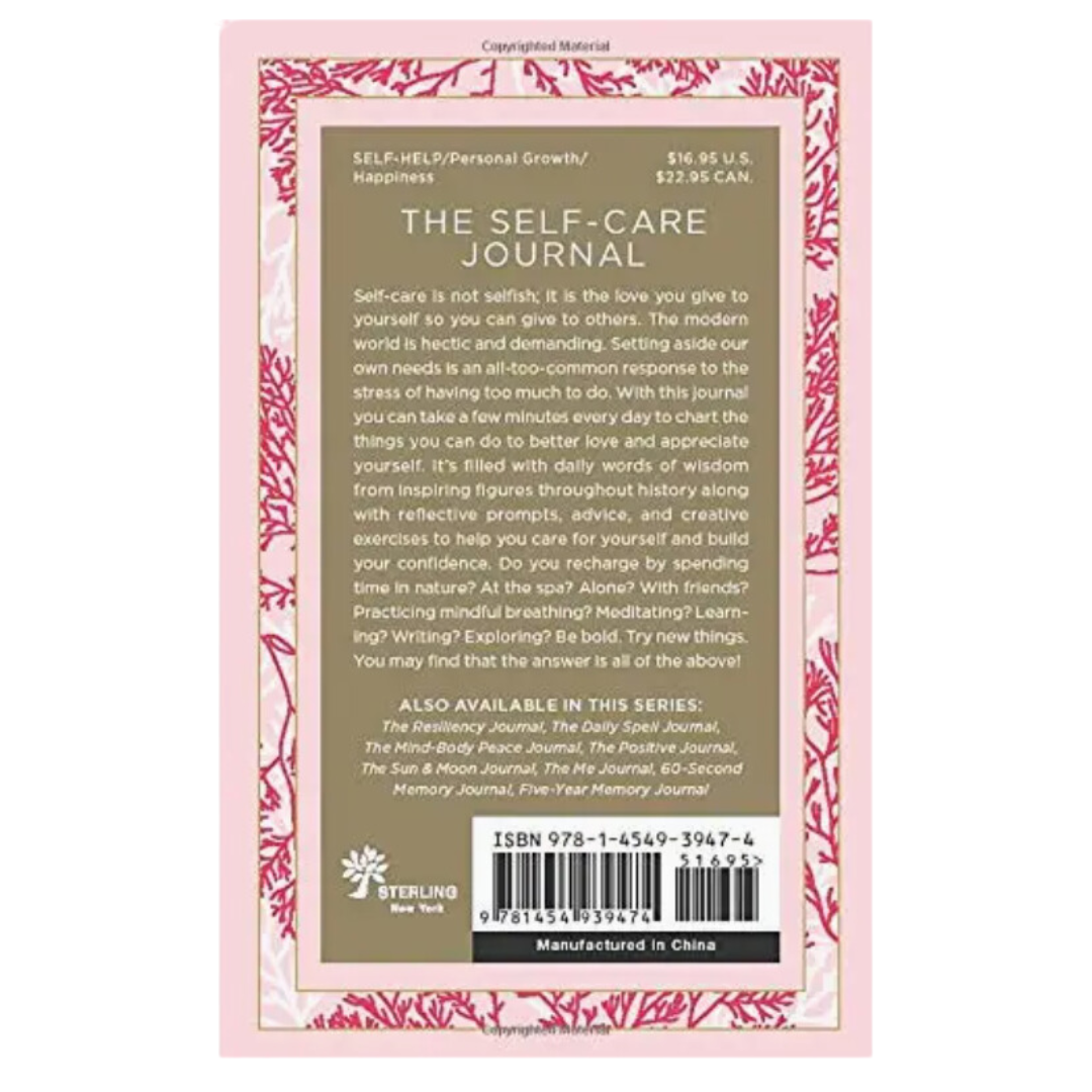 The Self-Care Journal with its padded cover and gilded edges, open to reveal pages filled with daily prompts and self-care exercises. This 4 x 6 inch journal, designed by Mary Flannery, features 376 pages of inspiration and practical advice to foster mindfulness and emotional well-being for those undergoing breast cancer treatment.