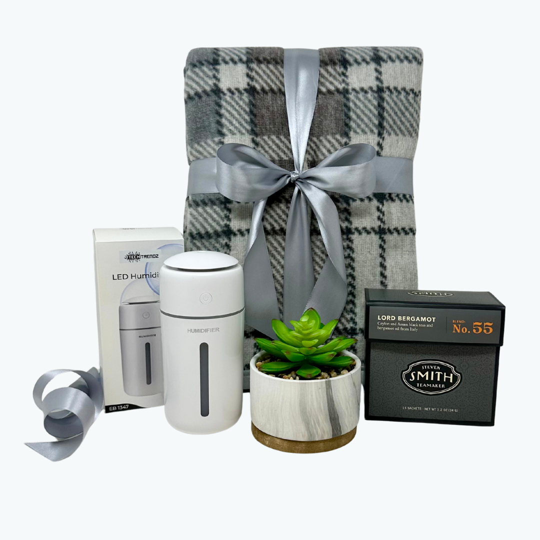 Gift set with LED humidifier, plaid blanket, tea, faux succulent and other items on a white background.